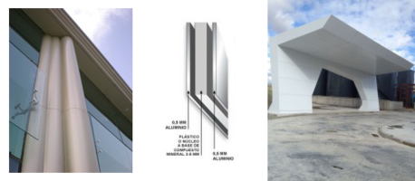 1. Pilar curvo realizado en panel composite 2. Grafico 3. Marquesina de planta de Biocombustible, Cuenca. Panel Composite AMARI&reg;